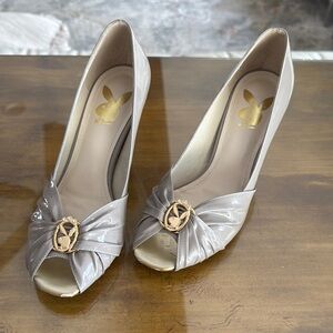 Playboy Vintage Gray Peep-Toe Heels With Brass and Jeweled Bunny Accents